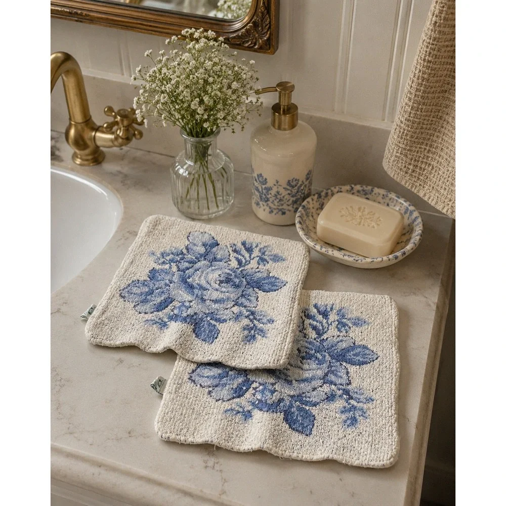 Vintage Laura Ashley Blue Floral Rose Washcloths Pair Cottage Shabby Chic Bath